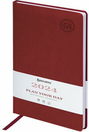 Ежедневник датированный 2024 БОЛЬШОЙ ФОРМАТ 210х297 мм А4, BRAUBERG "Favorite", под кожу, бордо, 114772