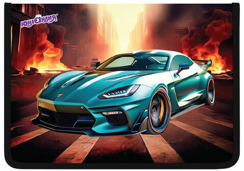 Папка для труда на молнии ЮНЛАНДИЯ А4, 1 отделение, откидная планка, органайзер, "Fire car", 272223