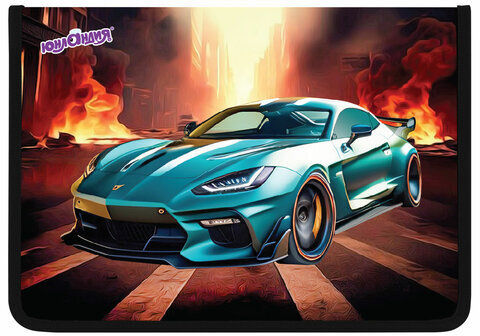 Папка для труда на молнии ЮНЛАНДИЯ А4, 1 отделение, откидная планка, органайзер, "Fire car", 272223