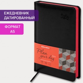 Ежедневник датированный 2024 А5 138x213 мм, BRAUBERG "Rainbow", под кожу, черный, 114872