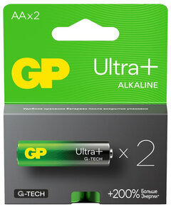 Батарейки КОМПЛЕКТ 2 шт., GP Ultra Plus G-Tech, AA (LR6), алкалиновые, пальчиковые, 15AUPA21-2CRSB2