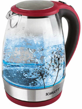 Чайник SCARLETT SC-EK27G49, 1,8 л, 2200 Вт, закрытый нагревательный элемент, стекло, красный