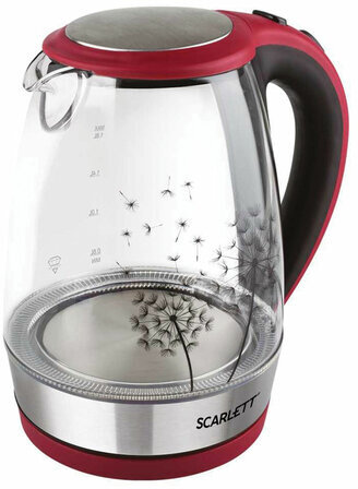 Чайник SCARLETT SC-EK27G49, 1,8 л, 2200 Вт, закрытый нагревательный элемент, стекло, красный