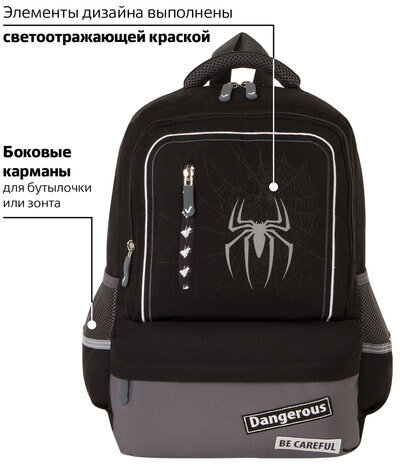Рюкзак BRAUBERG STAR, 1 отделение, 5 карманов, "Spider", черный, 40х29х13 см, 229978