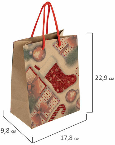 Пакет подарочный (1 штука) новогодний 18x10x23 см, ЗОЛОТАЯ СКАЗКА "Christmas Kraft", глиттер, 608235