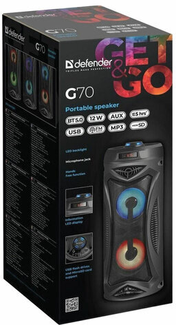 Колонка портативная DEFENDER G70, 2.0, 12 Вт, Bluetooth, FM-тюнер, microSD, чёрная, 65171