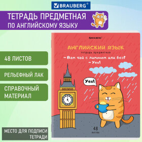 Тетрадь предметная "КОТ-ЭНТУЗИАСТ" 48 л., TWIN-лак, АНГЛИЙСКИЙ ЯЗЫК, клетка, подсказ, BRAUBERG, 404558