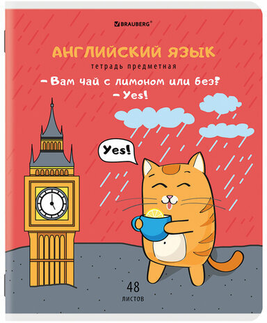 Тетрадь предметная "КОТ-ЭНТУЗИАСТ" 48 л., TWIN-лак, АНГЛИЙСКИЙ ЯЗЫК, клетка, подсказ, BRAUBERG, 404558