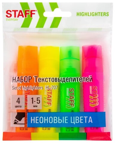 Набор текстовыделителей 4 НЕОНОВЫХ ЦВЕТА, STAFF "EVERYDAY HL-707", линия 1-5 мм, скошенный наконечник, 152548