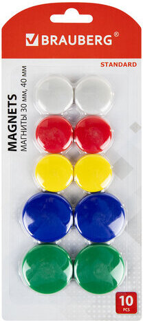 Магниты BRAUBERG &quot;STANDARD&quot;, НАБОР 30 мм - 6 шт., 40 мм - 4 шт., ассорти, 237471