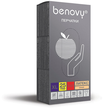 Перчатки латексные смотровые BENOVY High Risk 25 пар (50 шт.), неопудренные, повышенной прочности, размер XL (очень большой), синие, -