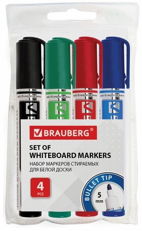 Маркеры стираемые для белой доски НАБОР 4 ЦВЕТА, BRAUBERG "Neo", 5 мм, с клипом, 150491