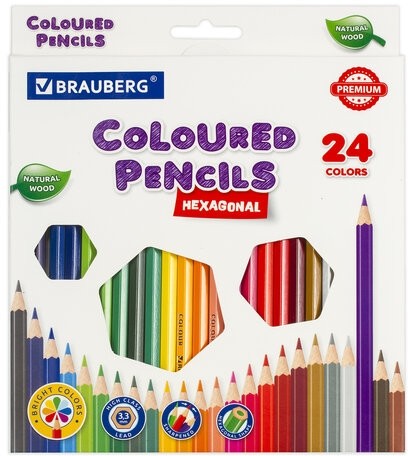 Карандаши цветные BRAUBERG PREMIUM, 24 цвета, шестигранные, грифель мягкий 3,3 мм, 181658
