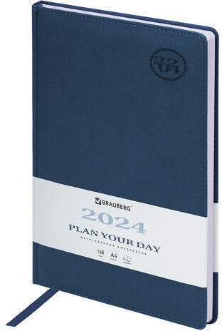 Ежедневник датированный 2024 БОЛЬШОЙ ФОРМАТ 210х297 мм А4, BRAUBERG "Favorite", под кожу, синий, 114773