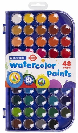 Краски акварельные BRAUBERG "PREMIUM" 48 цветов, круглые кюветы 23 мм, пенал, 191747