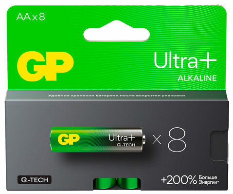 Батарейки КОМПЛЕКТ 8 шт., GP Ultra Plus G-Tech, AA (LR6), алкалиновые, пальчиковые, 15AUPA21-2CRB8