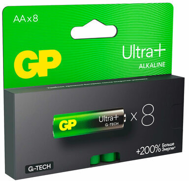 Батарейки КОМПЛЕКТ 8 шт., GP Ultra Plus G-Tech, AA (LR6), алкалиновые, пальчиковые, 15AUPA21-2CRB8