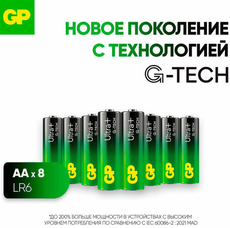 Батарейки КОМПЛЕКТ 8 шт., GP Ultra Plus G-Tech, AA (LR6), алкалиновые, пальчиковые, 15AUPA21-2CRB8