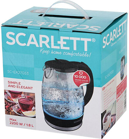 Чайник SCARLETT SC-EK27G53, 1,8 л, 2200 Вт, закрытый нагревательный элемент, стекло, черный