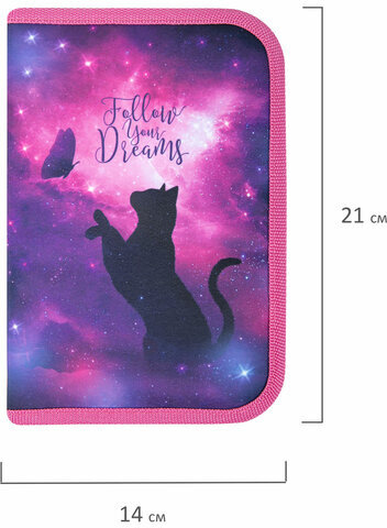 Пенал BRAUBERG, 1 отделение, 1 откидная планка, полиэстер, 21х14 см, "Space cat", 270712