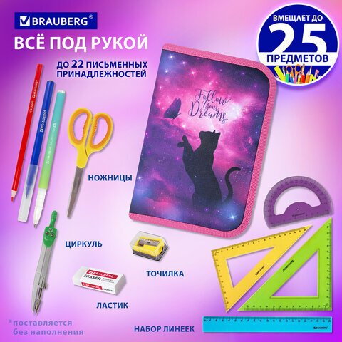 Пенал BRAUBERG, 1 отделение, 1 откидная планка, полиэстер, 21х14 см, "Space cat", 270712