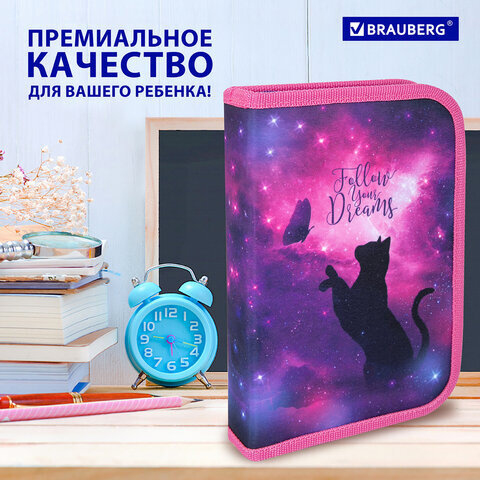 Пенал BRAUBERG, 1 отделение, 1 откидная планка, полиэстер, 21х14 см, "Space cat", 270712
