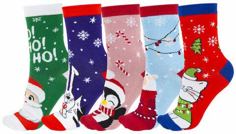 Новогодние носки НАБОР 5 пар с цветным принтом, размер 36-41, ЗОЛОТАЯ СКАЗКА, 592142