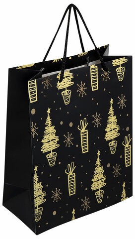 Пакет подарочный (1 штука) новогодний 26x13x32 см, ЗОЛОТАЯ СКАЗКА &quot;Black&amp;Gold&quot;, фольга, чёрный, 608236