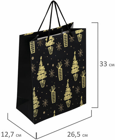 Пакет подарочный (1 штука) новогодний 26x13x32 см, ЗОЛОТАЯ СКАЗКА "Black&Gold", фольга, чёрный, 608236