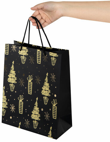 Пакет подарочный (1 штука) новогодний 26x13x32 см, ЗОЛОТАЯ СКАЗКА "Black&Gold", фольга, чёрный, 608236