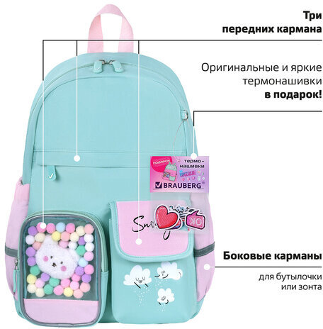 Рюкзак BRAUBERG PASTEL с термонашивками в комплекте, "Funny clouds", мятный, 40х29х14 см, 271421