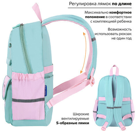 Рюкзак BRAUBERG PASTEL с термонашивками в комплекте, "Funny clouds", мятный, 40х29х14 см, 271421