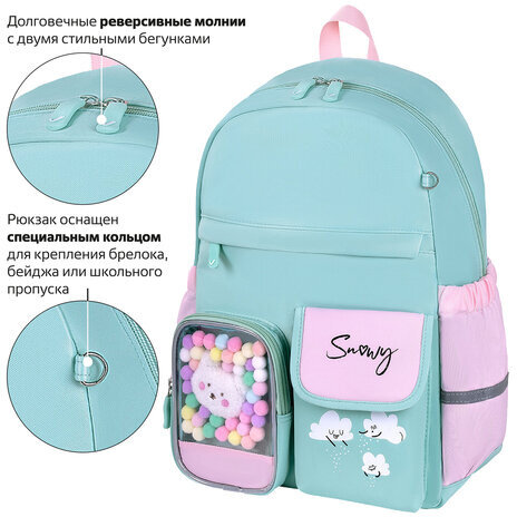 Рюкзак BRAUBERG PASTEL с термонашивками в комплекте, "Funny clouds", мятный, 40х29х14 см, 271421