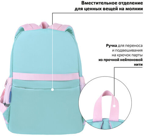 Рюкзак BRAUBERG PASTEL с термонашивками в комплекте, "Funny clouds", мятный, 40х29х14 см, 271421