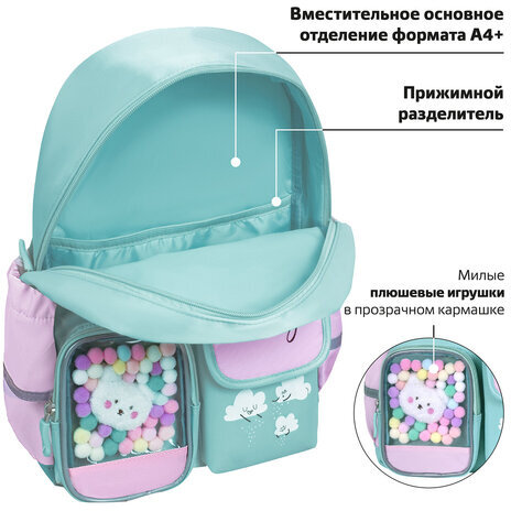 Рюкзак BRAUBERG PASTEL с термонашивками в комплекте, "Funny clouds", мятный, 40х29х14 см, 271421
