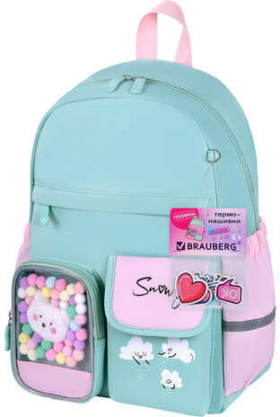Рюкзак BRAUBERG PASTEL с термонашивками в комплекте, "Funny clouds", мятный, 40х29х14 см, 271421