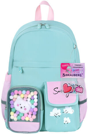 Рюкзак BRAUBERG PASTEL с термонашивками в комплекте, "Funny clouds", мятный, 40х29х14 см, 271421