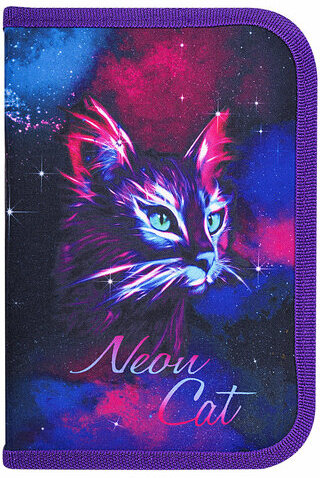 Пенал BRAUBERG с наполнением, 1 отделение, 1 откидная планка, 24 предмета, 21х14 см, "Neon cat", 271523