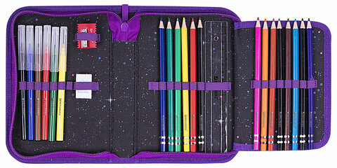 Пенал BRAUBERG с наполнением, 1 отделение, 1 откидная планка, 24 предмета, 21х14 см, "Neon cat", 271523