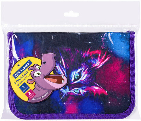 Пенал BRAUBERG с наполнением, 1 отделение, 1 откидная планка, 24 предмета, 21х14 см, "Neon cat", 271523