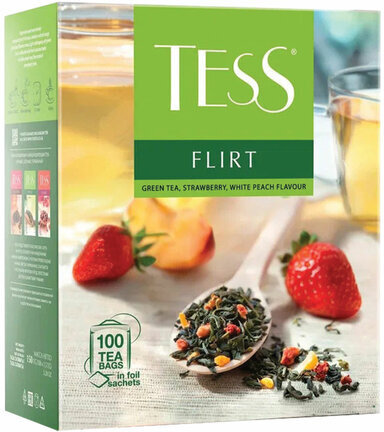 Чай TESS "Flirt" зеленый с клубникой и персиком, 100 пакетиков в конвертах по 1,5 г, 1476-09