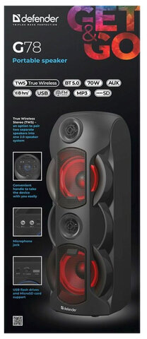 Колонка портативная DEFENDER G78, 2.0, 70 Вт, Bluetooth, FM-тюнер, microSD, чёрная, 65178