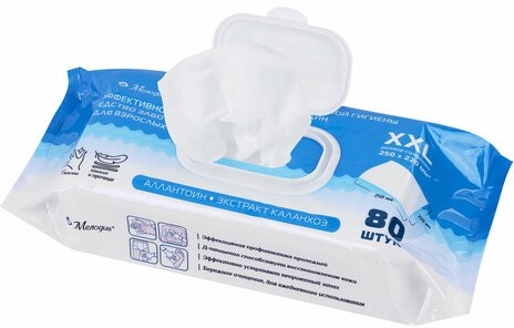 Салфетки влажные для ухода за лежачими больными и интимной гигиены 80 шт., 22х25 см, Д-пантенол, МЕЛОДИЯ, 116527