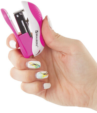 Степлер №24/6, 26/6 МИНИ BRAUBERG "JET", до 15 листов, эргономичный, бело-розовый, 227757