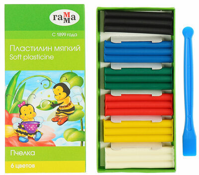 Пластилин восковой ГАММА "Пчелка", 6 цветов, 90 г, со стеком, картонная упаковка, 280029Н