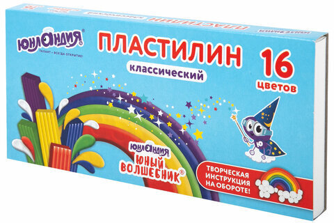 Пластилин классический ЮНЛАНДИЯ "ЮНЫЙ ВОЛШЕБНИК", 16 цветов, 240 грамм, СО СТЕКОМ, ВЫСШЕЕ КАЧЕСТВО, 106430