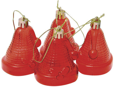 Украшения елочные подвесные "Колокольчики", НАБОР 4 шт., 6,5 см, пластик, полупрозрачные, красные, 59596