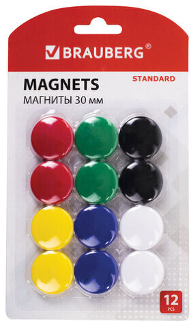 Магниты BRAUBERG &quot;STANDARD&quot; 30 мм, НАБОР 12 шт., ассорти, 237472
