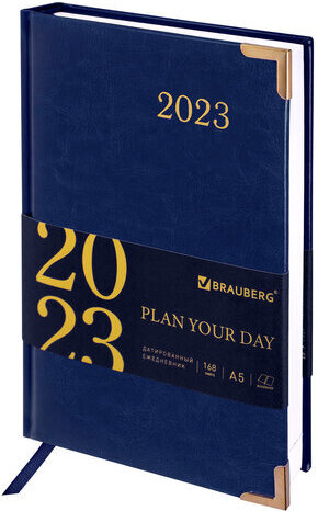 Ежедневник датированный 2023 А5 138x213 мм BRAUBERG "Senator", под кожу, синий, 114063