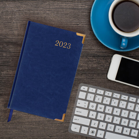 Ежедневник датированный 2023 А5 138x213 мм BRAUBERG "Senator", под кожу, синий, 114063